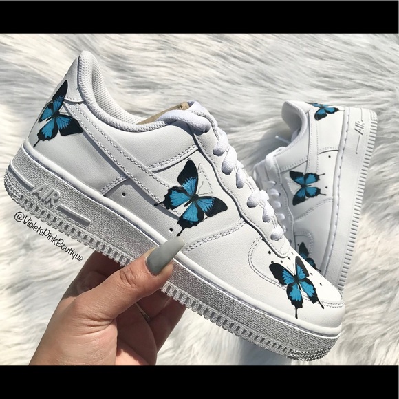 Custom Sneakers Nike Air Force 1s Blue Butterflies - Picture 1 of 3